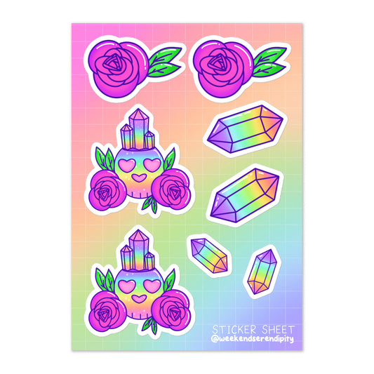 Rainbow Skulls, Roses, and Crystals Sticker sheet