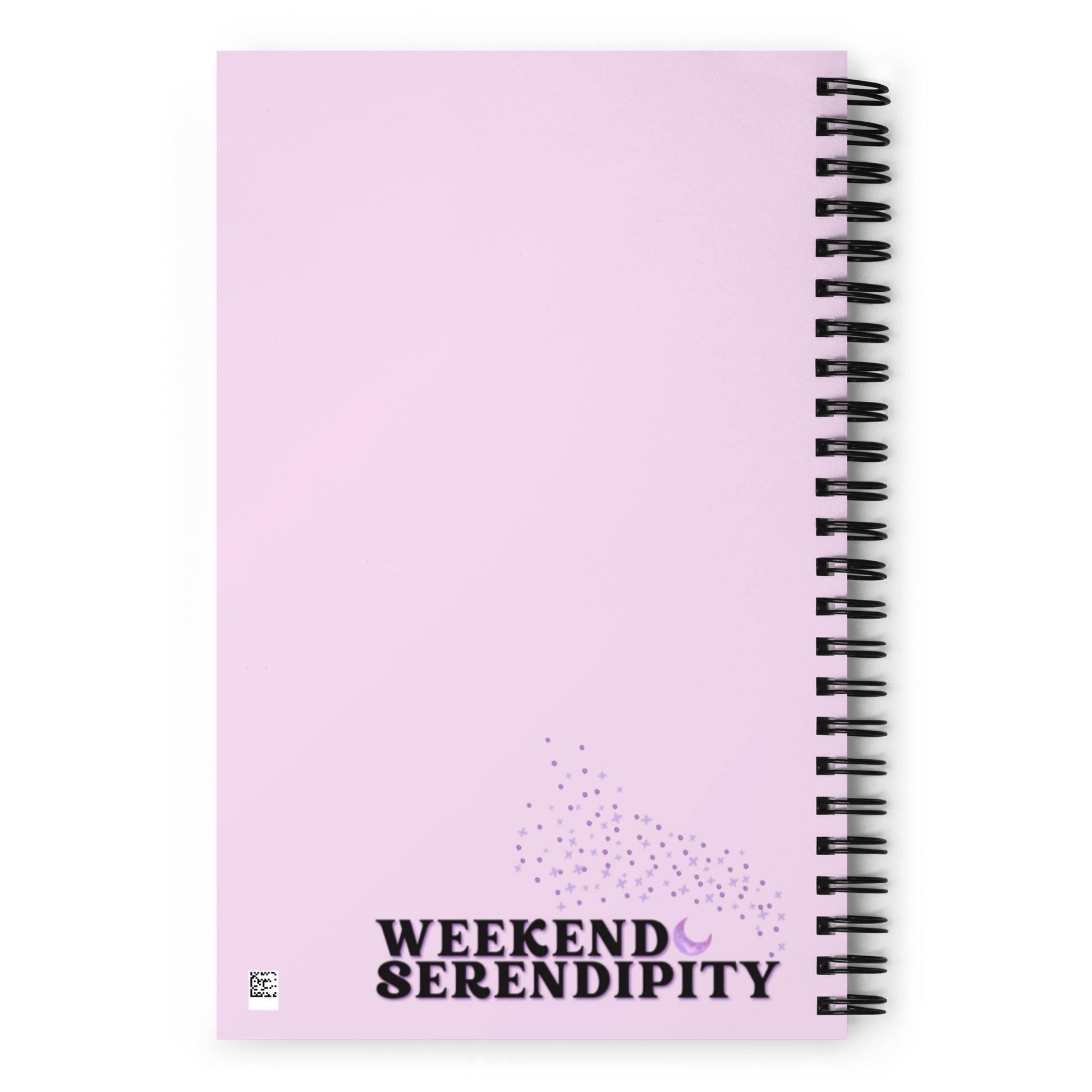 backside of notebook with Weekend Serendipity logo