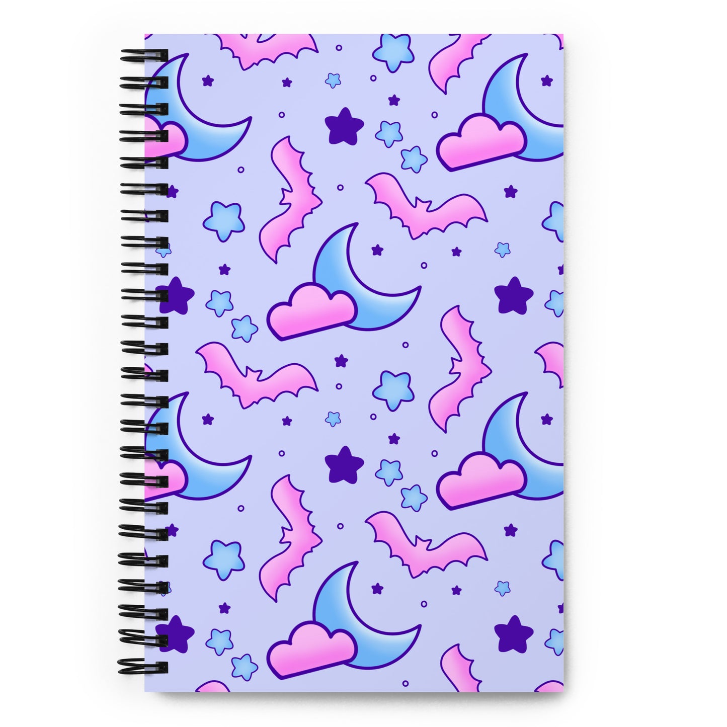 spiral bound, dot-grid, notebook with pink bats, pink clouds, blue moons, and stars